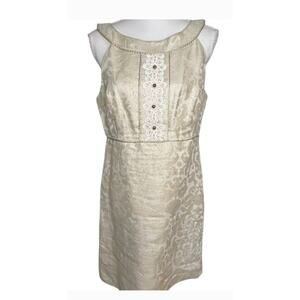 LILLY PULITZER Gold Metallic Dress Sz 4 Jacqueline Shift White Lace Bib